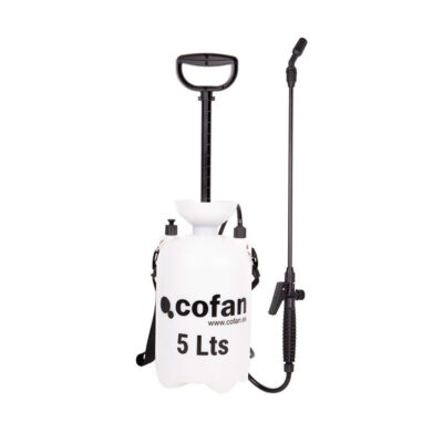 Pulverizador manual a presión de 5 litros en color blanco y negro, con válvula de seguridad automática, ideal para uso agrícola y de jardinería