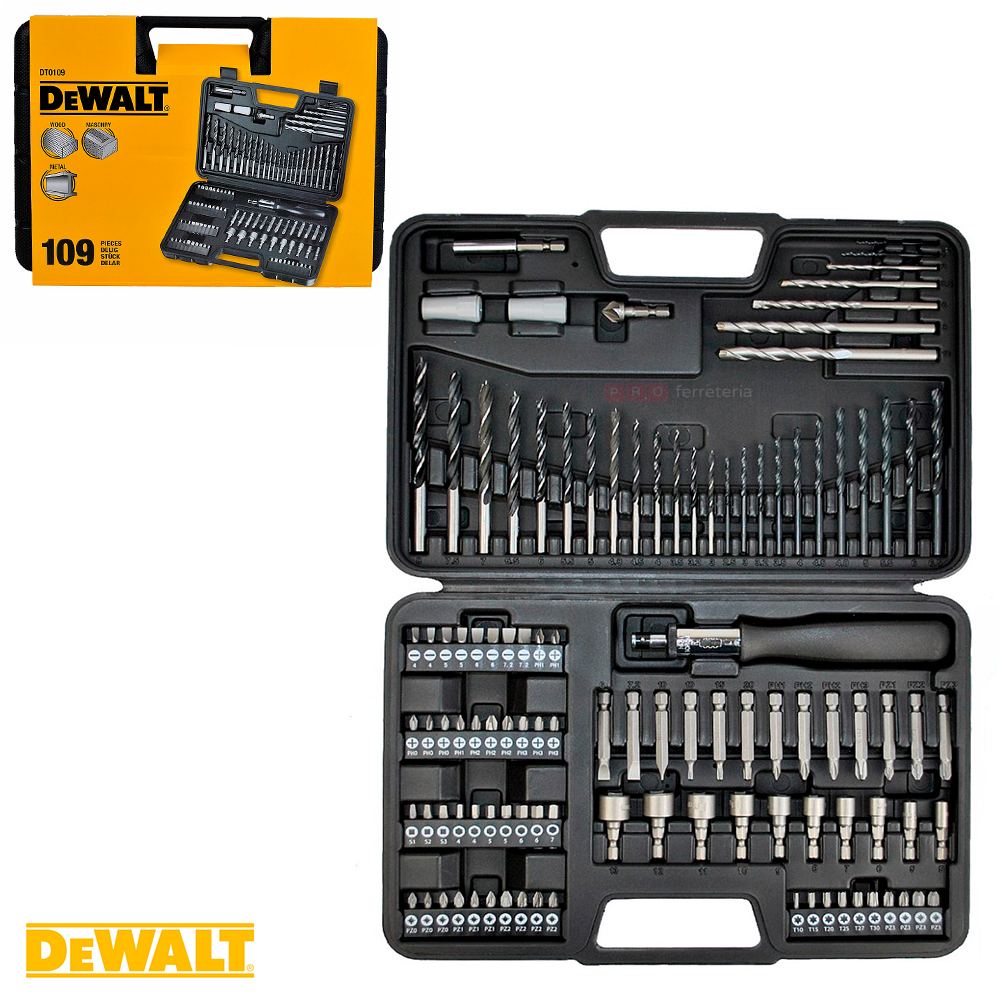 Maletin con 109 accesorios para atornillar y taladrar, Dewalt DT0109