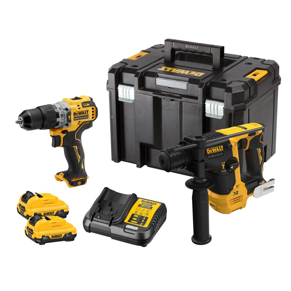Kit DeWalt DCK2102L2T-QW 12V XR Brushless con taladro DCD706, martillo DCH072, 2 baterías de 3Ah, cargador europeo y maletín TSTAK VI