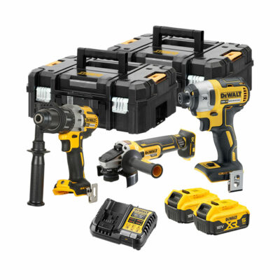 Kit DeWalt XR 18V con taladro percutor DCD996, atornillador de impacto DCF887 y amoladora angular DCG405, tres baterías DCB184 5.0Ah y cargador multivoltaje