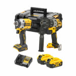Kit DeWalt XR 18V con taladro percutor DCD996 y llave de impacto compacta DCF921, dos baterías DCB184 5.0Ah y cargador multivoltaje en maletín