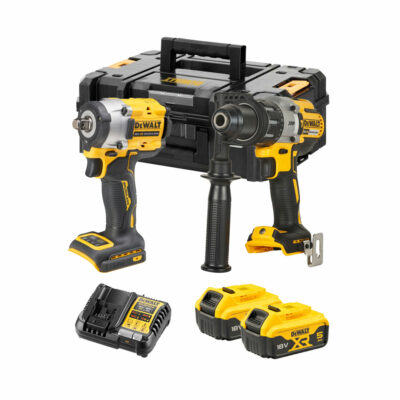 Kit DeWalt XR 18V con taladro percutor DCD996 y llave de impacto compacta DCF921, dos baterías DCB184 5.0Ah y cargador multivoltaje en maletín