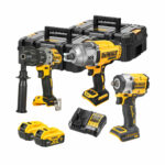 Kit DeWalt XR 18V con taladro percutor DCD996, llave de impacto compacta DCF921 y llave de impacto de alto par DCF900, dos baterías DCB184 5.0Ah y cargador multivoltaje