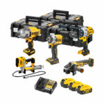 Kit DeWalt XR 18V con taladro percutor DCD996, llave de impacto compacta DCF921, llave de impacto alto par DCF900, amoladora angular DCG405 y engrasadora DCGG571, tres baterías DCB184 5.0Ah, cargador multivoltaje y tres maletines TSTAK
