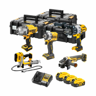 Kit DeWalt XR 18V con taladro percutor DCD996, llave de impacto compacta DCF921, llave de impacto alto par DCF900, amoladora angular DCG405 y engrasadora DCGG571, tres baterías DCB184 5.0Ah, cargador multivoltaje y tres maletines TSTAK