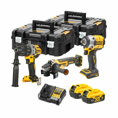 Kit DeWalt XR 18V con taladro percutor DCD996, llave de impacto compacta DCF921 y amoladora angular DCG405, dos baterías DCB184 5.0Ah y cargador multivoltaje