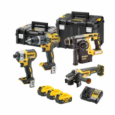 Kit DeWalt DCK429P3T XR 18 V con taladro percutor DCD805, impacto DCF850, amoladora DCG405, martillo SDS-Plus DCH273, tres baterías 5,0Ah y maletines TSTAK