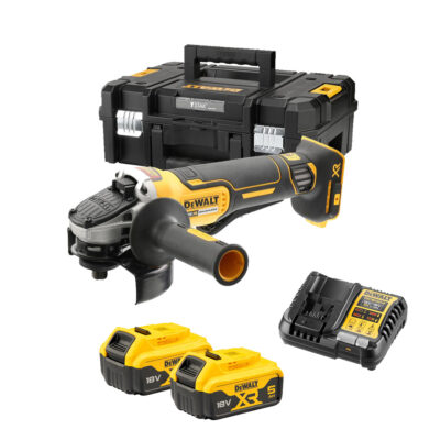 Amoladora angular a batería DEWALT DCG406P2-QW XR 18V con motor sin escobillas, freno electrónico, dos baterías de 5.0Ah, cargador y bolsa de transporte