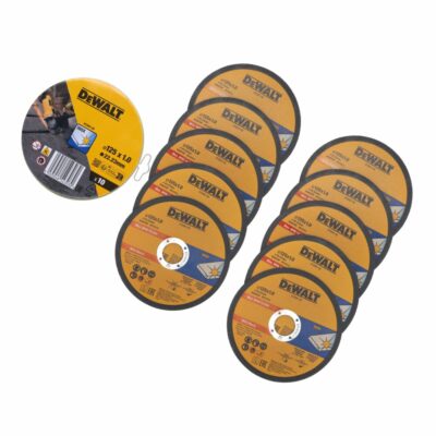Set de 10 discos de corte DeWalt DT3507-QZ de 125 mm para acero inoxidable, presentados en lata metálica, compatibles con amoladoras angulares.