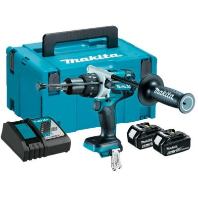 Makita dhp481rtj taladro inalambrico 18v con dos baterías de 5 ah, cargador rápido y maletin de transporte